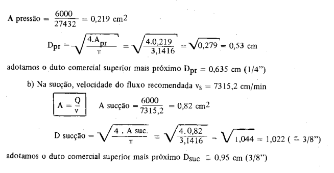 Cálculo do diâmetro de pressão para 6 l/min.