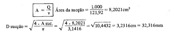 Cálculo da área e diâmetro de sucção para 60 l/min.